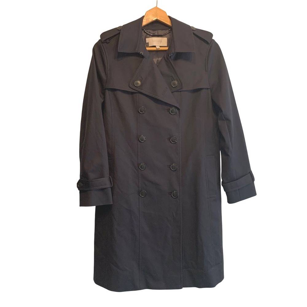 Hobbs London Trench Coat Size 10 US Navy Double Breasted Quiet Luxury Classic